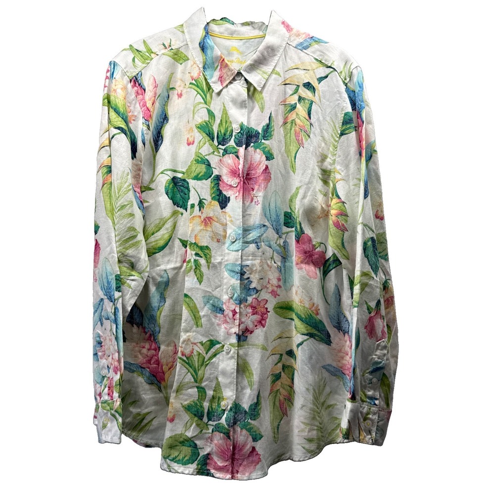 Tommy Bahama Womens Top Size Large 100% Linen Beach Floral Long Sleeve Button Up